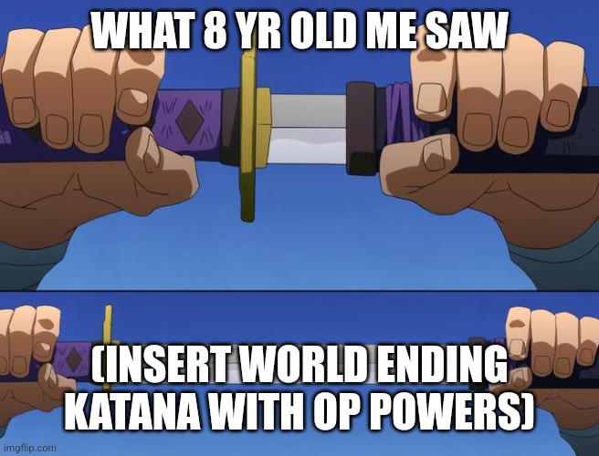 unsheathe sword | WHAT 8 YR OLD ME SAW (INSERT WORLD ENDING KATANA WITH OP POWERS) | image tagged in unsheathe sword | made w/ Imgflip meme maker