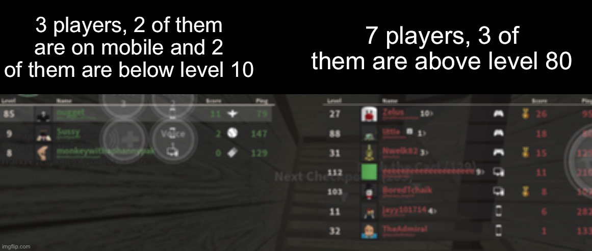 dorcus digital FIX YOUR GAME’S TEAM BALANCING | 3 players, 2 of them are on mobile and 2 of them are below level 10; 7 players, 3 of them are above level 80 | made w/ Imgflip meme maker