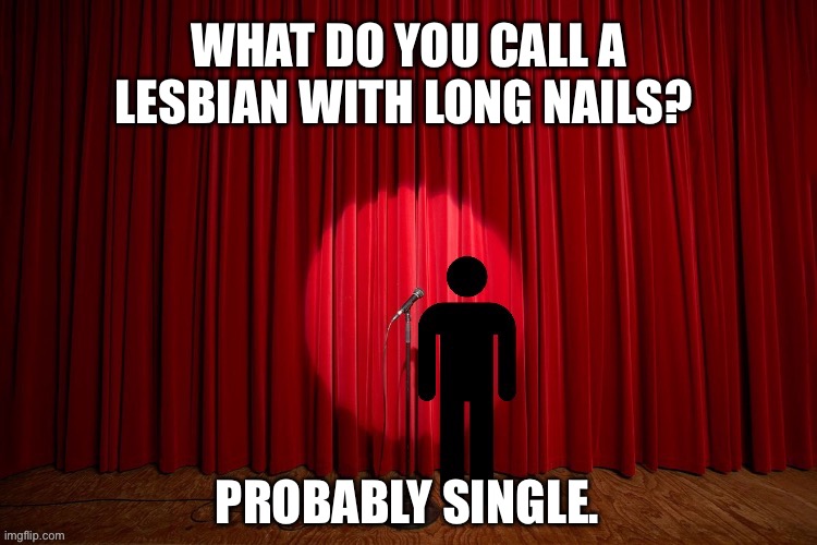 What do you call a lesbian with long nails? | WHAT DO YOU CALL A LESBIAN WITH LONG NAILS? PROBABLY SINGLE. | image tagged in stick figure performance,stand up comedian,stand up,comedy,lgbtq,lesbian | made w/ Imgflip meme maker