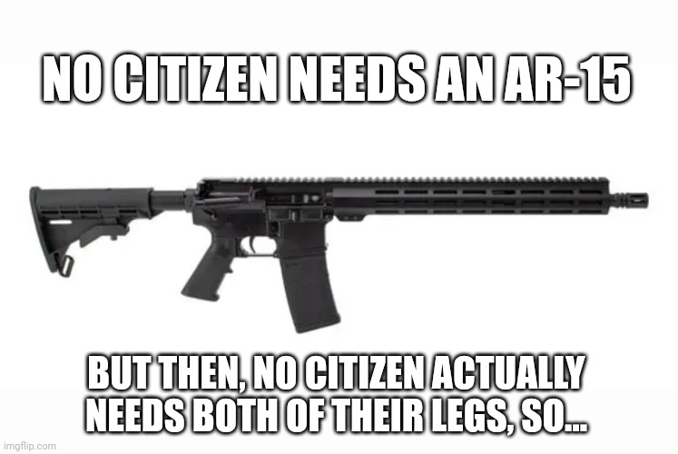 Make of that what you will | NO CITIZEN NEEDS AN AR-15; BUT THEN, NO CITIZEN ACTUALLY NEEDS BOTH OF THEIR LEGS, SO... | image tagged in ar-15 | made w/ Imgflip meme maker