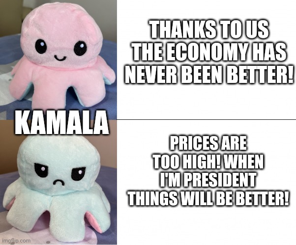 Hypocrite | THANKS TO US THE ECONOMY HAS NEVER BEEN BETTER! PRICES ARE TOO HIGH! WHEN I'M PRESIDENT THINGS WILL BE BETTER! KAMALA | image tagged in happy angry octopus | made w/ Imgflip meme maker