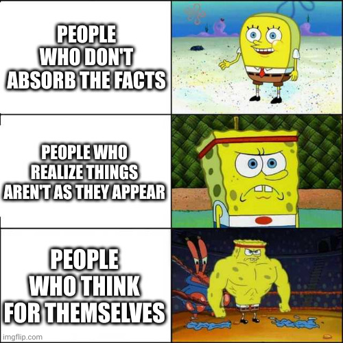 Evolving from small brain to Big Brain | PEOPLE WHO DON'T ABSORB THE FACTS; PEOPLE WHO REALIZE THINGS AREN'T AS THEY APPEAR; PEOPLE WHO THINK FOR THEMSELVES | image tagged in spongebob strong,memes,critical thinking,skeptic,philosopher week,self esteem | made w/ Imgflip meme maker