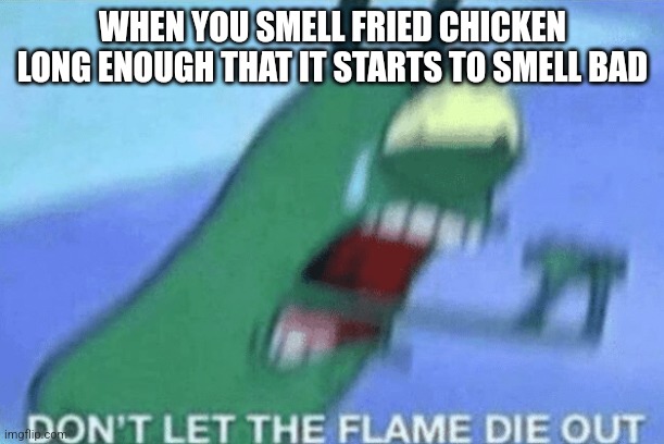 my attempt at being relatable | WHEN YOU SMELL FRIED CHICKEN LONG ENOUGH THAT IT STARTS TO SMELL BAD | image tagged in don t let the flame die out | made w/ Imgflip meme maker