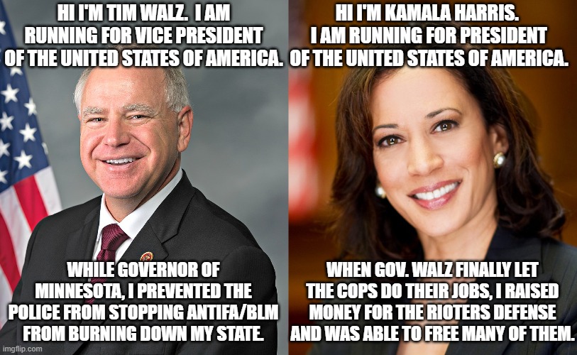 The worst violence America has seen since 9/11 was helped by these two idiots. | HI I'M TIM WALZ.  I AM RUNNING FOR VICE PRESIDENT OF THE UNITED STATES OF AMERICA. HI I'M KAMALA HARRIS.  I AM RUNNING FOR PRESIDENT OF THE UNITED STATES OF AMERICA. WHILE GOVERNOR OF MINNESOTA, I PREVENTED THE POLICE FROM STOPPING ANTIFA/BLM FROM BURNING DOWN MY STATE. WHEN GOV. WALZ FINALLY LET THE COPS DO THEIR JOBS, I RAISED MONEY FOR THE RIOTERS DEFENSE AND WAS ABLE TO FREE MANY OF THEM. | image tagged in mostly peaceful burning the nation down,mostly peaceful destruction of innocent americans lives,mostly peaceful murders | made w/ Imgflip meme maker
