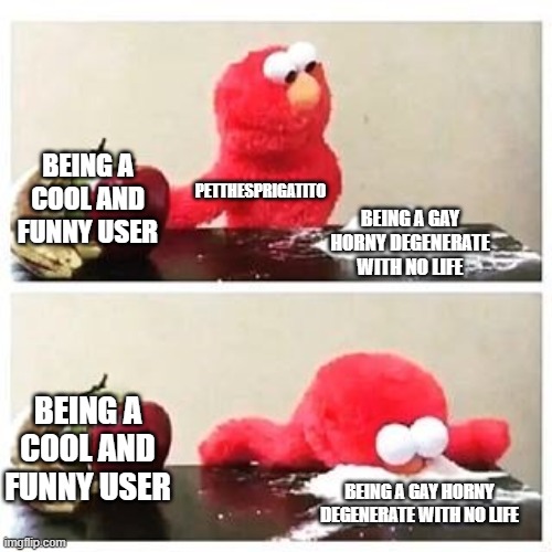 elmo cocaine | BEING A COOL AND FUNNY USER; PETTHESPRIGATITO; BEING A GAY HORNY DEGENERATE WITH NO LIFE; BEING A COOL AND FUNNY USER; BEING A GAY HORNY DEGENERATE WITH NO LIFE | image tagged in elmo cocaine | made w/ Imgflip meme maker