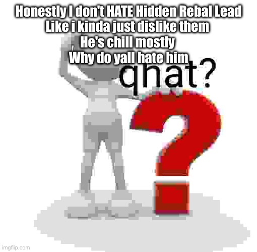 qhat? | Honestly I don't HATE Hidden Rebal Lead
Like i kinda just dislike them 
He's chill mostly 
Why do yall hate him | image tagged in qhat | made w/ Imgflip meme maker