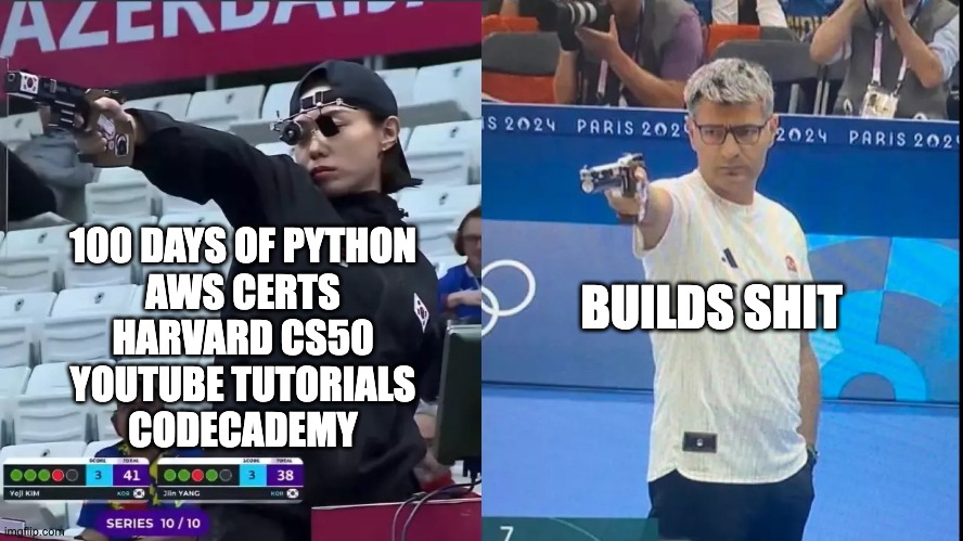 korea turkey olympic shooter | 100 DAYS OF PYTHON
AWS CERTS
HARVARD CS50
YOUTUBE TUTORIALS
CODECADEMY; BUILDS SHIT | image tagged in korea turkey olympic shooter | made w/ Imgflip meme maker