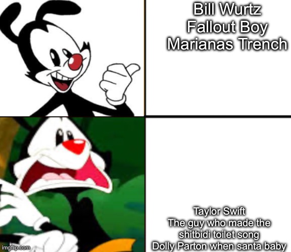 Yakko yes/no | Bill Wurtz

Fallout Boy

Marianas Trench; Taylor Swift

The guy who made the shitbidi toilet song

Dolly Parton when santa baby | image tagged in yakko yes/no | made w/ Imgflip meme maker