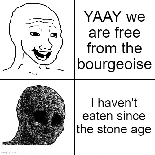 Happy Wojak vs Depressed Wojak | YAAY we are free from the bourgeoise; I haven't eaten since the stone age | image tagged in happy wojak vs depressed wojak | made w/ Imgflip meme maker