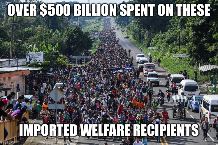 immigrant caravan | OVER $500 BILLION SPENT ON THESE IMPORTED WELFARE RECIPIENTS | image tagged in immigrant caravan | made w/ Imgflip meme maker