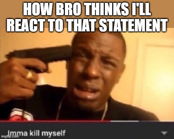 Imma kill myself | HOW BRO THINKS I'LL REACT TO THAT STATEMENT | image tagged in imma kill myself | made w/ Imgflip meme maker