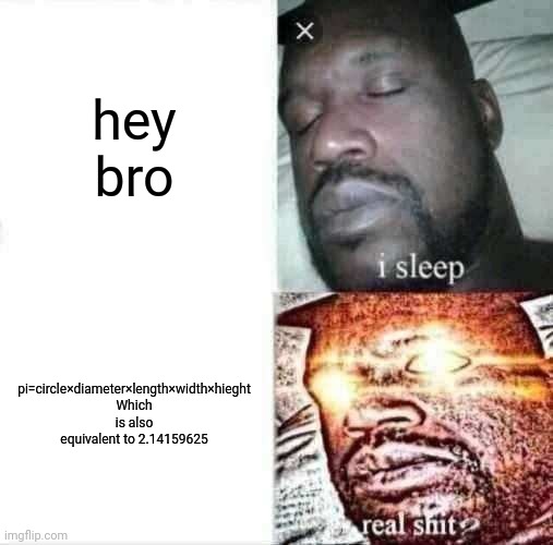 Sleeping Shaq | hey bro; pi=circle×diameter×length×width×hieght
Which is also equivalent to 2.14159625 | image tagged in memes,sleeping shaq | made w/ Imgflip meme maker