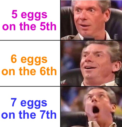 Chicken Synchronicity | 5 eggs on the 5th; 6 eggs on the 6th; 7 eggs on the 7th | image tagged in vince mcmahon,chickens,eggs,funny meme | made w/ Imgflip meme maker