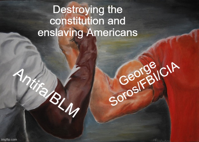 The modern day brown shirts and their controllers | Destroying the constitution and enslaving Americans; George Soros/FBI/CIA; Antifa/BLM | image tagged in memes,epic handshake,george soros,cia,antifa | made w/ Imgflip meme maker