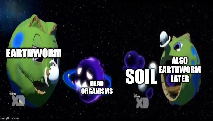 Worms eat dead not anymore living things and afterwards poop that food out as soil. | ALSO EARTHWORM LATER; EARTHWORM; SOIL; DEAD ORGANISMS | image tagged in planet pac eats a ghosteroid and spits out remains,worms,dirt,dead,food | made w/ Imgflip meme maker