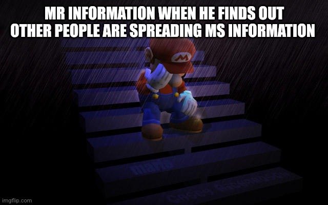 information | MR INFORMATION WHEN HE FINDS OUT OTHER PEOPLE ARE SPREADING MS INFORMATION | image tagged in mario crying in the rain | made w/ Imgflip meme maker