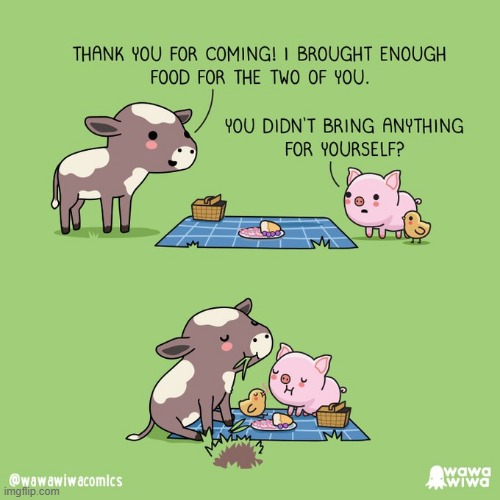 image tagged in pig,chick,cow,picnic,food,grass | made w/ Imgflip meme maker