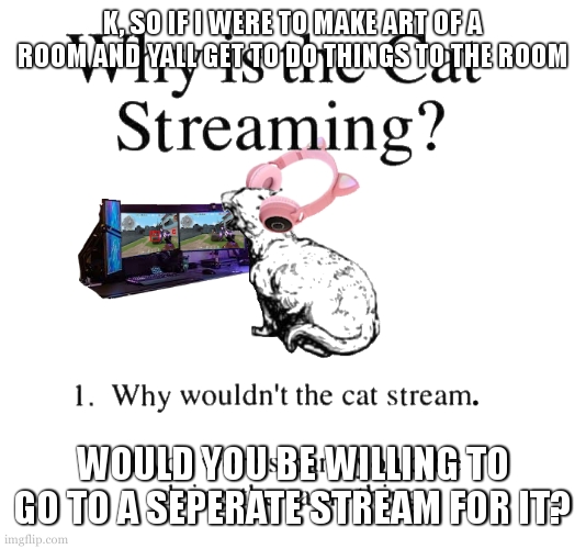 yall would be able add things, move things, remove things. and if your daring enough move to another room. | K, SO IF I WERE TO MAKE ART OF A ROOM AND YALL GET TO DO THINGS TO THE ROOM; WOULD YOU BE WILLING TO GO TO A SEPERATE STREAM FOR IT? | image tagged in why is the cat streaming | made w/ Imgflip meme maker