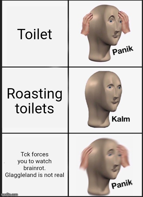 Panik Kalm Panik | Toilet; Roasting toilets; Tck forces you to watch brainrot. Glaggleland is not real | image tagged in memes,panik kalm panik | made w/ Imgflip meme maker