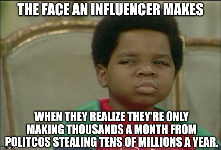 THE FACE AN INFLUENCER MAKES; WHEN THEY REALIZE THEY'RE ONLY MAKING THOUSANDS A MONTH FROM POLITCOS STEALING TENS OF MILLIONS A YEAR. | image tagged in memes | made w/ Imgflip meme maker