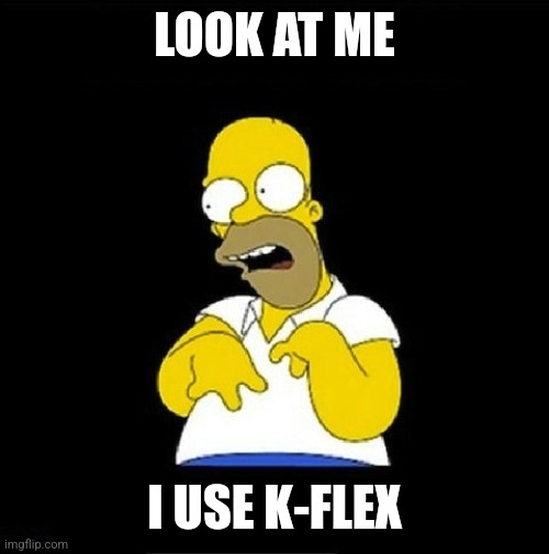 Look at me I use K-Flex | LOOK AT ME; I USE K-FLEX | image tagged in homer look at me | made w/ Imgflip meme maker