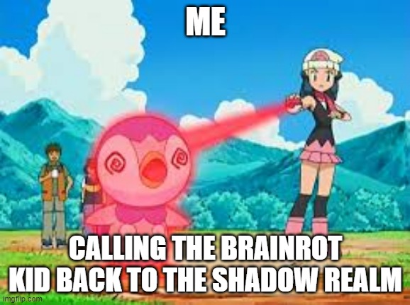 Pokemon return | ME; CALLING THE BRAINROT KID BACK TO THE SHADOW REALM | image tagged in pokemon return | made w/ Imgflip meme maker