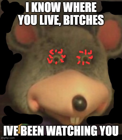 Chuck e cheese | I KNOW WHERE YOU LIVE, BITCHES; IVE BEEN WATCHING YOU | image tagged in chuck e cheese | made w/ Imgflip meme maker