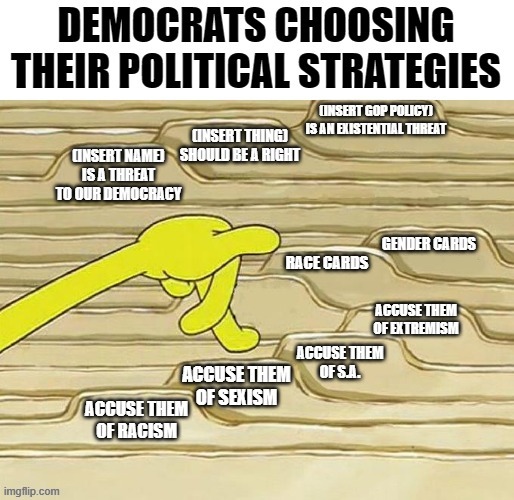 democrat strategies (colorized) | image tagged in sponge filing cabinet,memes,lol,fun | made w/ Imgflip meme maker