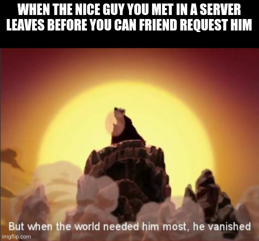 ??? | WHEN THE NICE GUY YOU MET IN A SERVER LEAVES BEFORE YOU CAN FRIEND REQUEST HIM | image tagged in but when the world needed him most he vanished | made w/ Imgflip meme maker