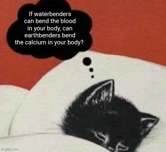 Spoilers for Avatar: The Last Airbender!! | If waterbenders can bend the blood in your body, can earthbenders bend the calcium in your body? | image tagged in dreaming cat | made w/ Imgflip meme maker