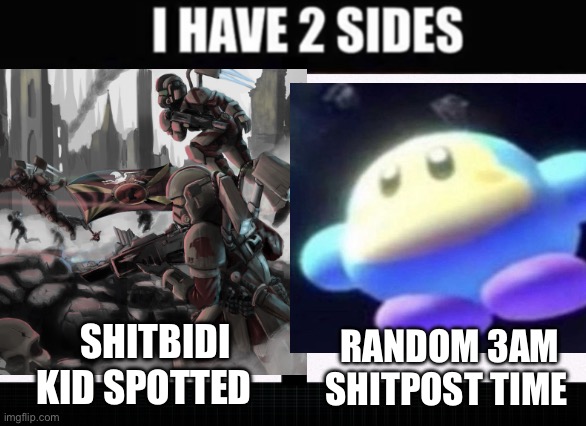 I have two sides | SHITBIDI KID SPOTTED RANDOM 3AM SHITPOST TIME | image tagged in i have two sides | made w/ Imgflip meme maker