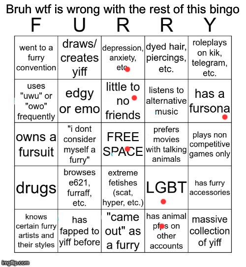 . | Bruh wtf is wrong with the rest of this bingo | image tagged in furry bingo v2 | made w/ Imgflip meme maker