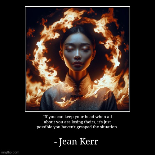 Open your eyes & put out that fire. | "If you can keep your head when all
about you are losing theirs, it's just
possible you haven't grasped the situation. | - Jean Kerr | image tagged in funny,demotivationals,serenity | made w/ Imgflip demotivational maker