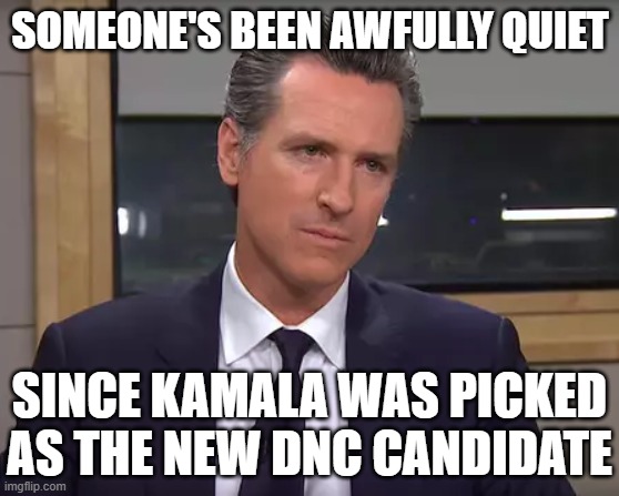 Governor California | SOMEONE'S BEEN AWFULLY QUIET; SINCE KAMALA WAS PICKED AS THE NEW DNC CANDIDATE | image tagged in governor california | made w/ Imgflip meme maker