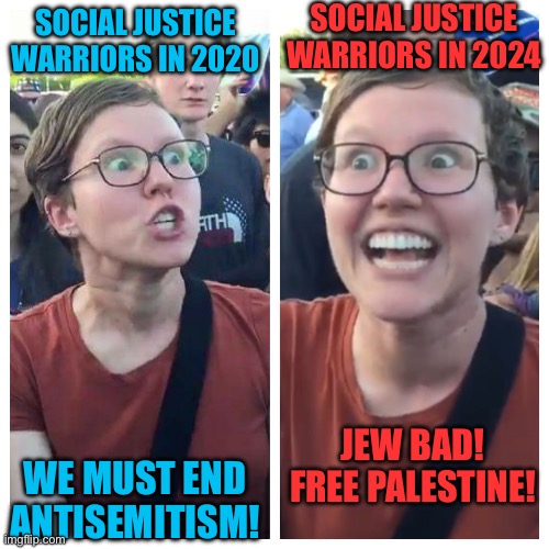 Social Justice Warrior Hypocrisy | SOCIAL JUSTICE WARRIORS IN 2024; SOCIAL JUSTICE WARRIORS IN 2020; JEW BAD! FREE PALESTINE! WE MUST END ANTISEMITISM! | image tagged in social justice warrior hypocrisy,middle east,israel,palestine | made w/ Imgflip meme maker