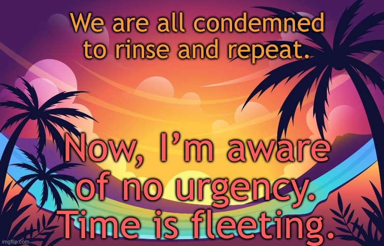 Trez (Summer) | We are all condemned to rinse and repeat. Now, I’m aware of no urgency. Time is fleeting. | image tagged in trez summer | made w/ Imgflip meme maker