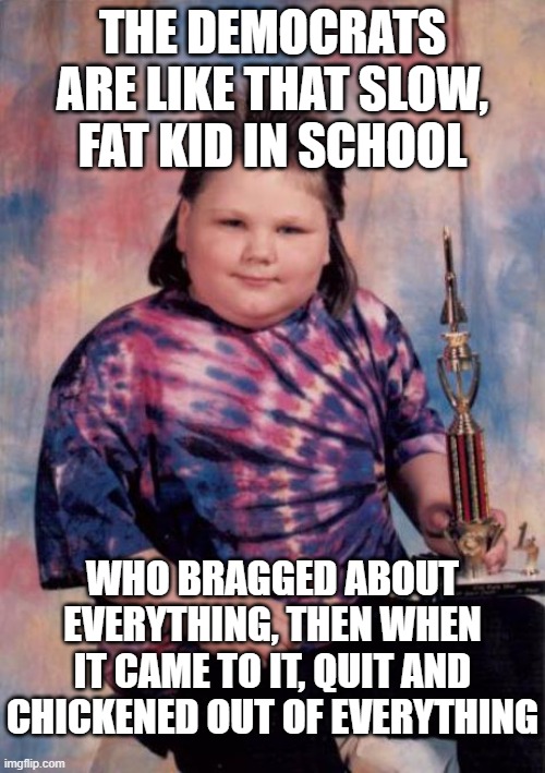 First Place Mullet | THE DEMOCRATS ARE LIKE THAT SLOW, FAT KID IN SCHOOL; WHO BRAGGED ABOUT EVERYTHING, THEN WHEN IT CAME TO IT, QUIT AND CHICKENED OUT OF EVERYTHING | image tagged in first place mullet | made w/ Imgflip meme maker