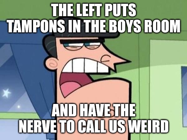 No, boys do not have periods. | THE LEFT PUTS TAMPONS IN THE BOYS ROOM; AND HAVE THE NERVE TO CALL US WEIRD | image tagged in dinkleberg blank | made w/ Imgflip meme maker