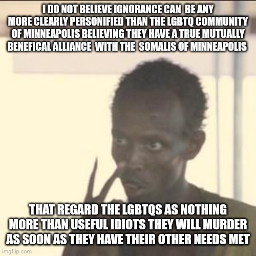 Walz Minnesota trans | I DO NOT BELIEVE IGNORANCE CAN  BE ANY MORE CLEARLY PERSONIFIED THAN THE LGBTQ COMMUNITY OF MINNEAPOLIS BELIEVING THEY HAVE A TRUE MUTUALLY BENEFICAL ALLIANCE  WITH THE  SOMALIS OF MINNEAPOLIS; THAT REGARD THE LGBTQS AS NOTHING MORE THAN USEFUL IDIOTS THEY WILL MURDER AS SOON AS THEY HAVE THEIR OTHER NEEDS MET | image tagged in memes,look at me | made w/ Imgflip meme maker