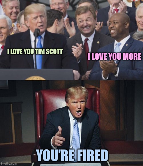 Tim who? | I LOVE YOU MORE; I LOVE YOU TIM SCOTT; YOU’RE FIRED | image tagged in tim scott,donald trump you're fired,donald trump,memes | made w/ Imgflip meme maker