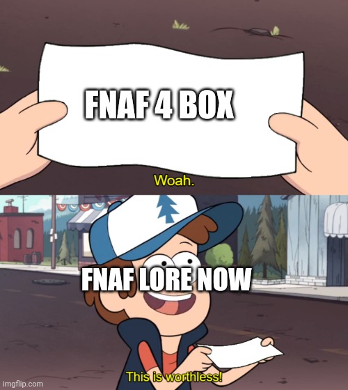 Fnaf 4 box | FNAF 4 BOX; FNAF LORE NOW | image tagged in this is worthless,fnaf | made w/ Imgflip meme maker