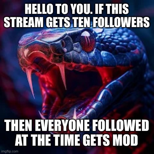 Hello | HELLO TO YOU. IF THIS STREAM GETS TEN FOLLOWERS; THEN EVERYONE FOLLOWED AT THE TIME GETS MOD | image tagged in snakevenom announcement template | made w/ Imgflip meme maker