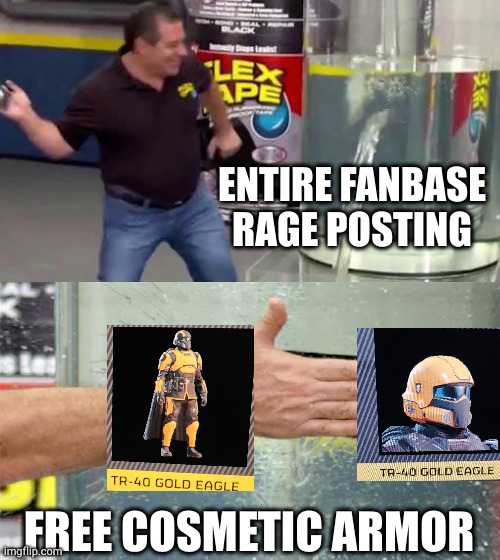 hell divers ii snafu | ENTIRE FANBASE RAGE POSTING; FREE COSMETIC ARMOR | image tagged in stealth nerf,nerf,hell divers ii,arrowhead | made w/ Imgflip meme maker