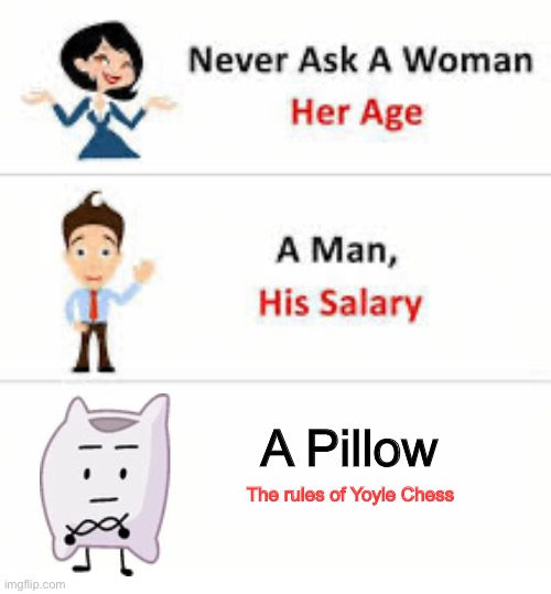 Tpot lore | A Pillow; The rules of Yoyle Chess | image tagged in never ask a woman her age | made w/ Imgflip meme maker