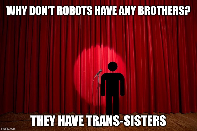 Why don’t robots have any brothers? | WHY DON’T ROBOTS HAVE ANY BROTHERS? THEY HAVE TRANS-SISTERS | image tagged in stick figure performance,stand up comedian,stand up,robot,lgbtq,transgender | made w/ Imgflip meme maker