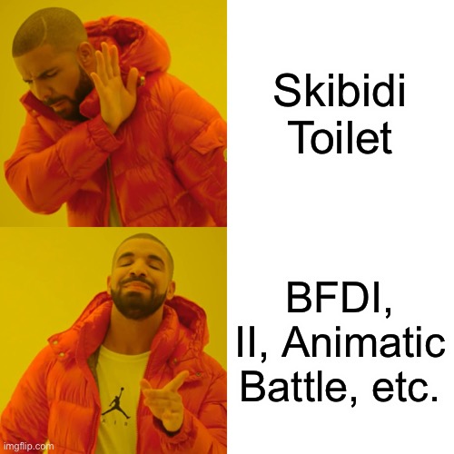 Drake Hotline Bling Meme | Skibidi Toilet BFDI, II, Animatic Battle, etc. | image tagged in memes,drake hotline bling | made w/ Imgflip meme maker