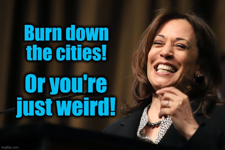 Kamala Harris Laughing | Burn down
the cities! Or you're
just weird! | image tagged in kamala harris laughing,memes,democrats,destruction of america,riots,mostly peaceful | made w/ Imgflip meme maker