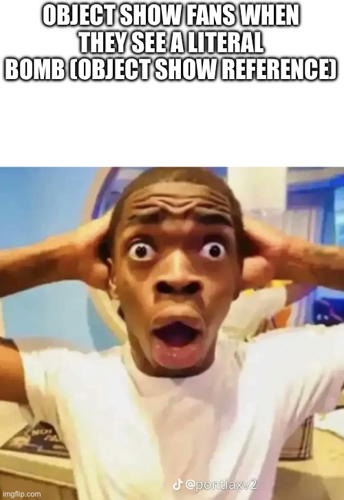 Shocked black guy | OBJECT SHOW FANS WHEN THEY SEE A LITERAL BOMB (OBJECT SHOW REFERENCE) | image tagged in shocked black guy | made w/ Imgflip meme maker