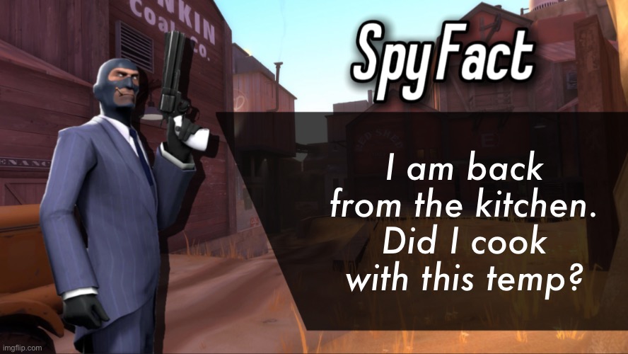 Spy Fact | I am back from the kitchen. Did I cook with this temp? | image tagged in spy fact | made w/ Imgflip meme maker