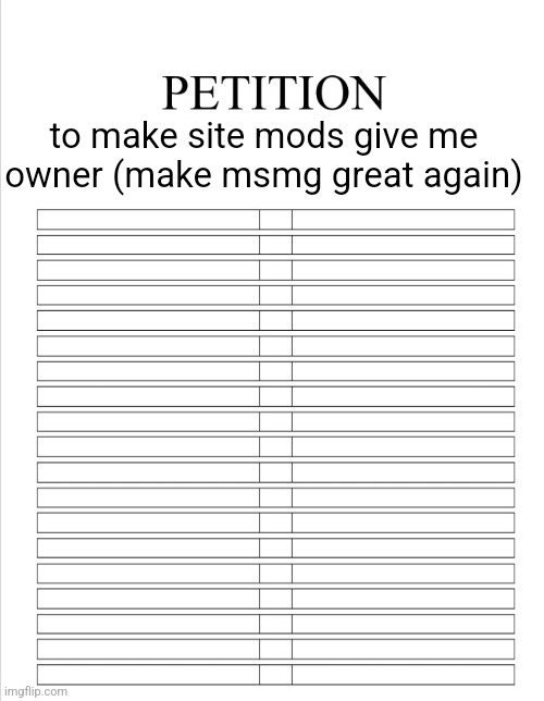 before you ask, yes, this is serious and a postal 2 reference at the same time | to make site mods give me owner (make msmg great again) | image tagged in the blank petition | made w/ Imgflip meme maker